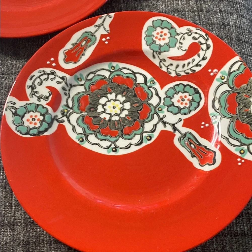 Anthropologie Vibrant Red Decorative Plate with Floral Design. Set of 5.